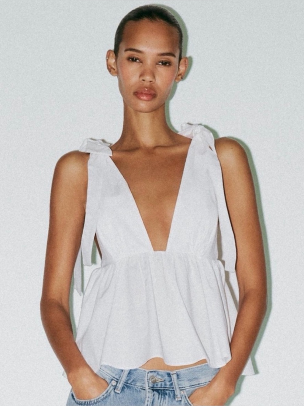 Zara White Poplin Bow Top